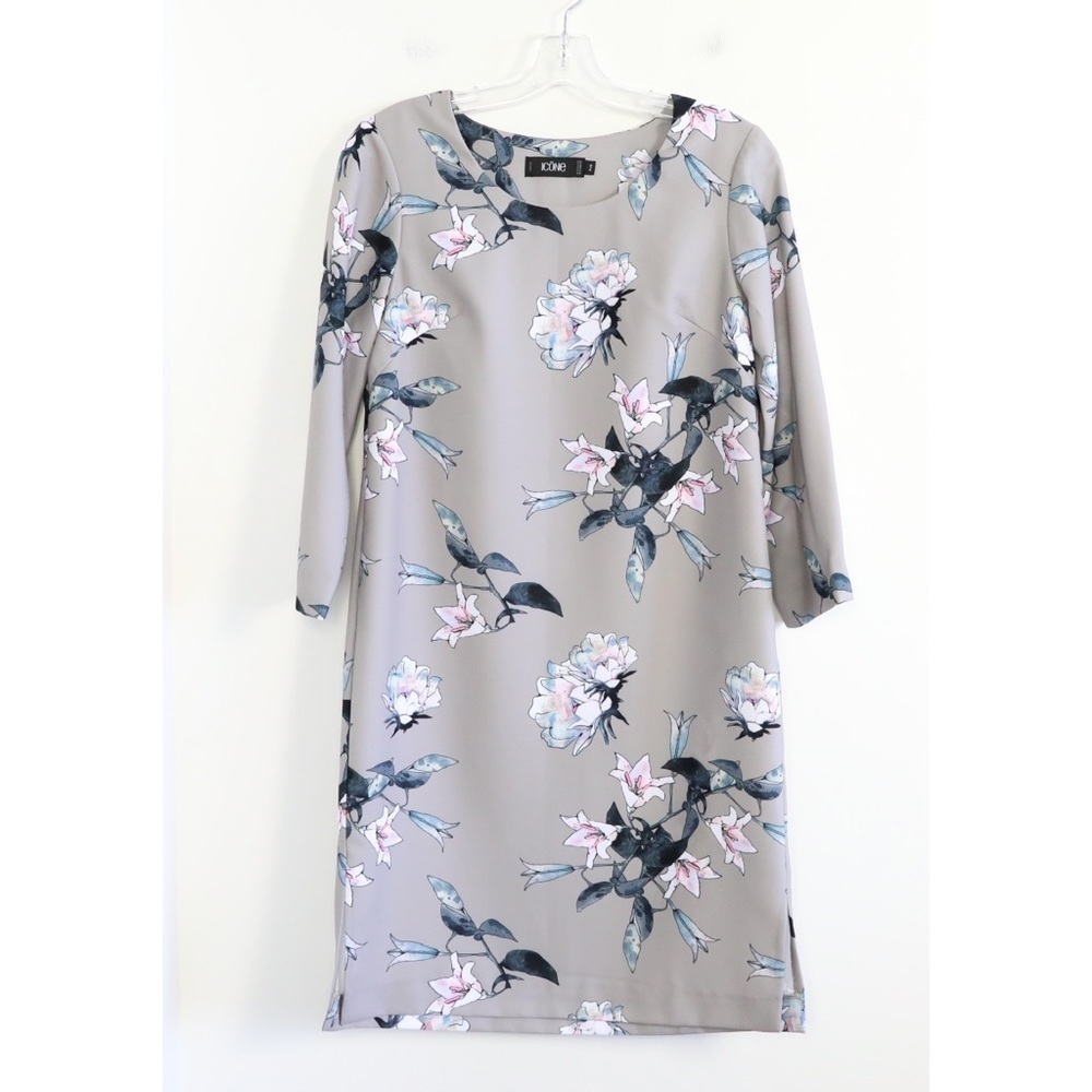 Nordstrom Icone gray dress floral print straight shift cocktail party wedding S